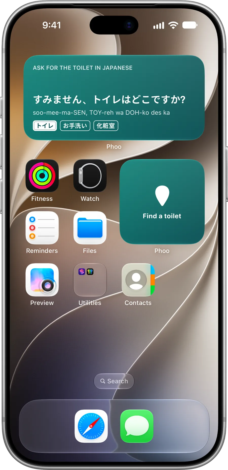 An iPhone Home Screen with two Phoo widgets: a small Find a toilet widget, and a How to ask widget showing the Japanese for “Excuse me, where is the toilet?” with its pronunciation and the words on toilet signs.