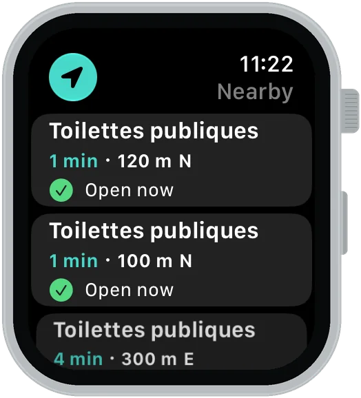 An Apple Watch showing Phoo’s Nearby list in Paris. The top row is a public toilet a minute’s walk away, 120 metres north, open now.