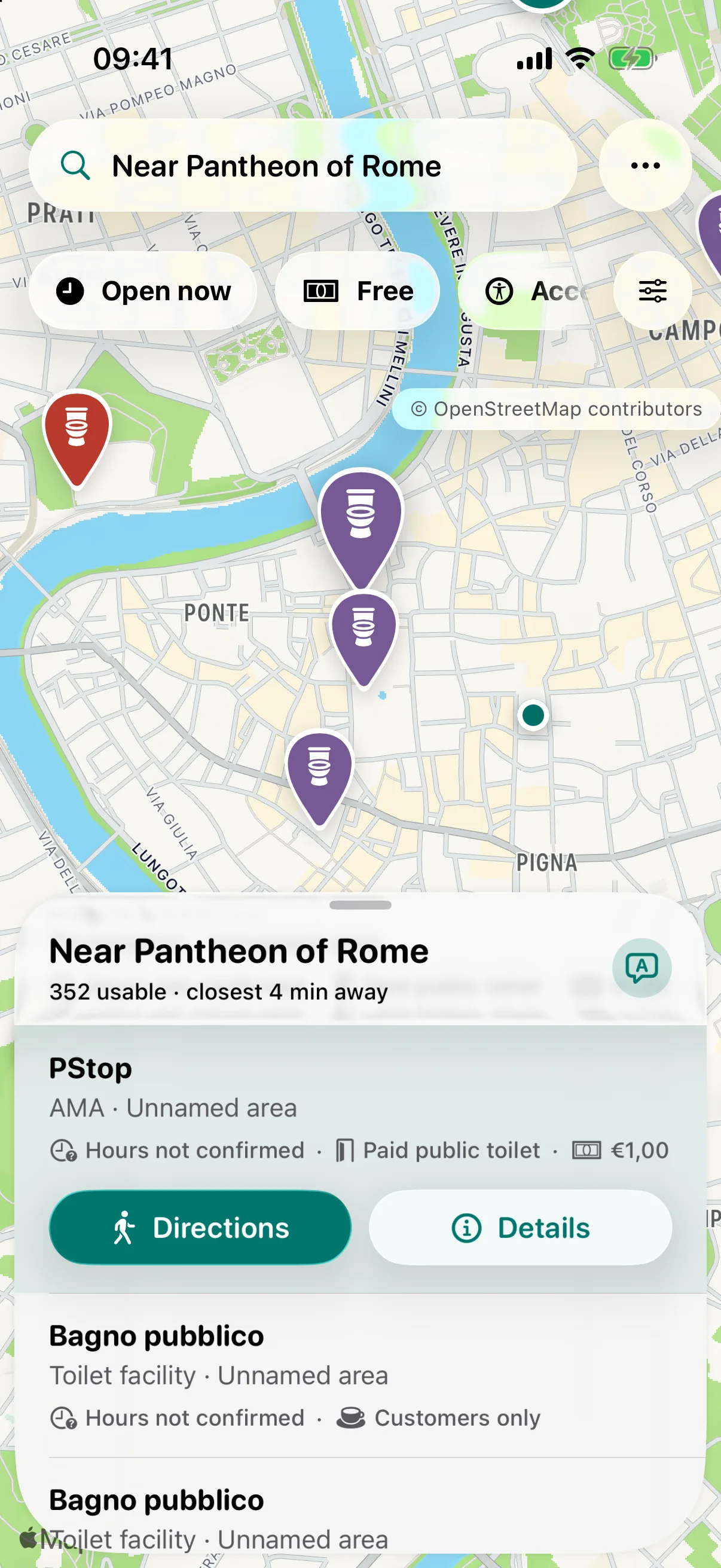 Phoo on iPhone, showing toilets near the Pantheon in Rome with a PStop listing selected.