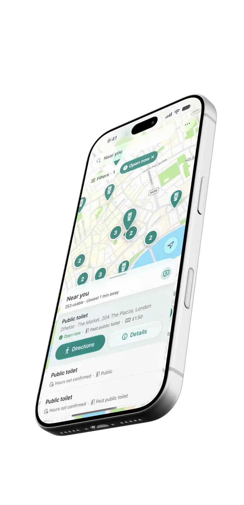 Phoo on iPhone, showing a map of central London around Covent Garden with toilet pins and the Open now filter on. The list below starts with 2theloo at The Piazza: open now, paid, £1.50.